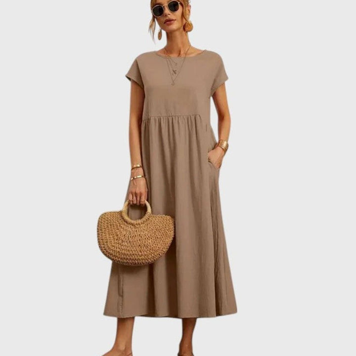 Women's Relaxed-Fit Short-Sleeve Smocked Midi Sundress Pockets - Khaki