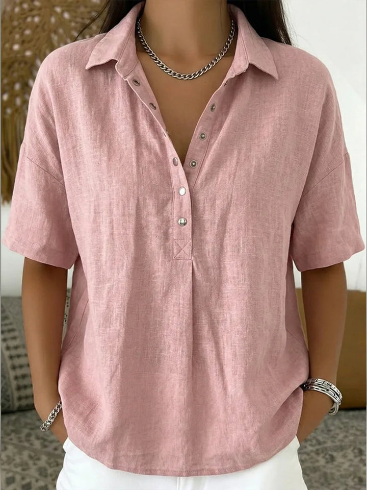 Women's Relaxed-Fit Short-Sleeve Snap-Button Collared Linen Shirt - Pink