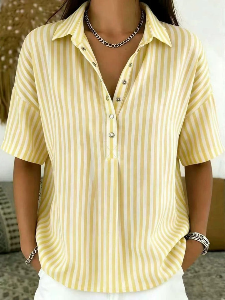 Women's Relaxed-Fit Striped Collared Half-Button Blouse - Yellow