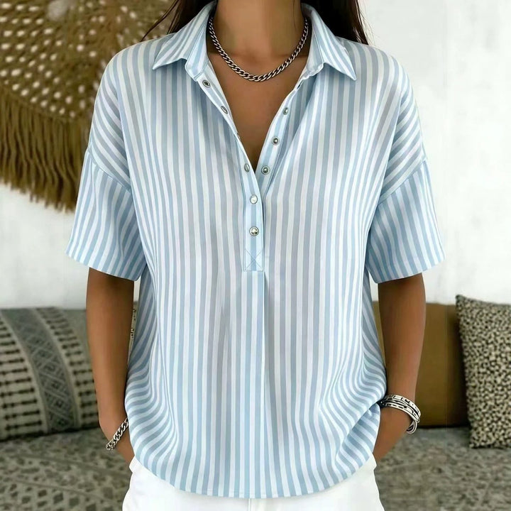 Women's Relaxed-Fit Striped Collared Half-Button Blouse - Blue