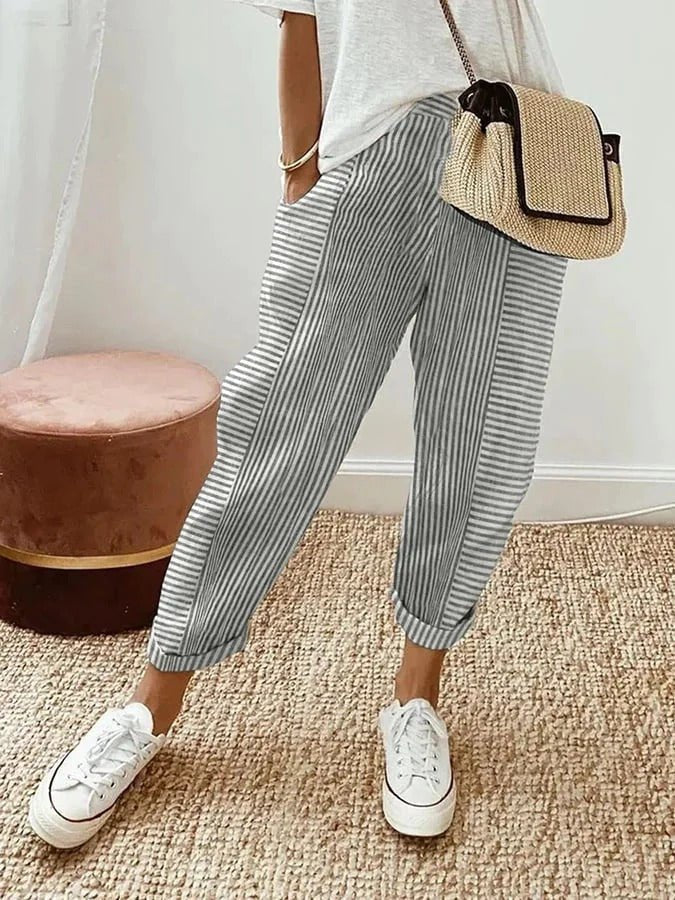 Women's Relaxed-Fit Striped Linen-Style Tapered Cropped Pants - Gray
