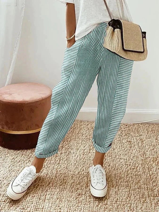 Women's Relaxed-Fit Striped Linen-Style Tapered Cropped Pants - Green