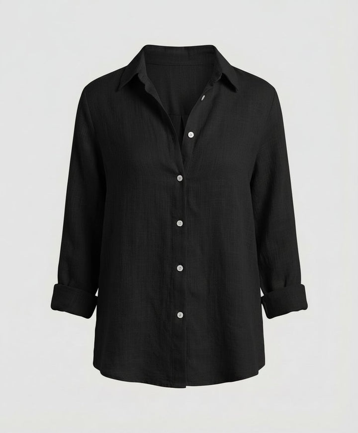 Women's Relaxed-Fit Three-Quarter Sleeve Linen Button-Up Shirt - Black
