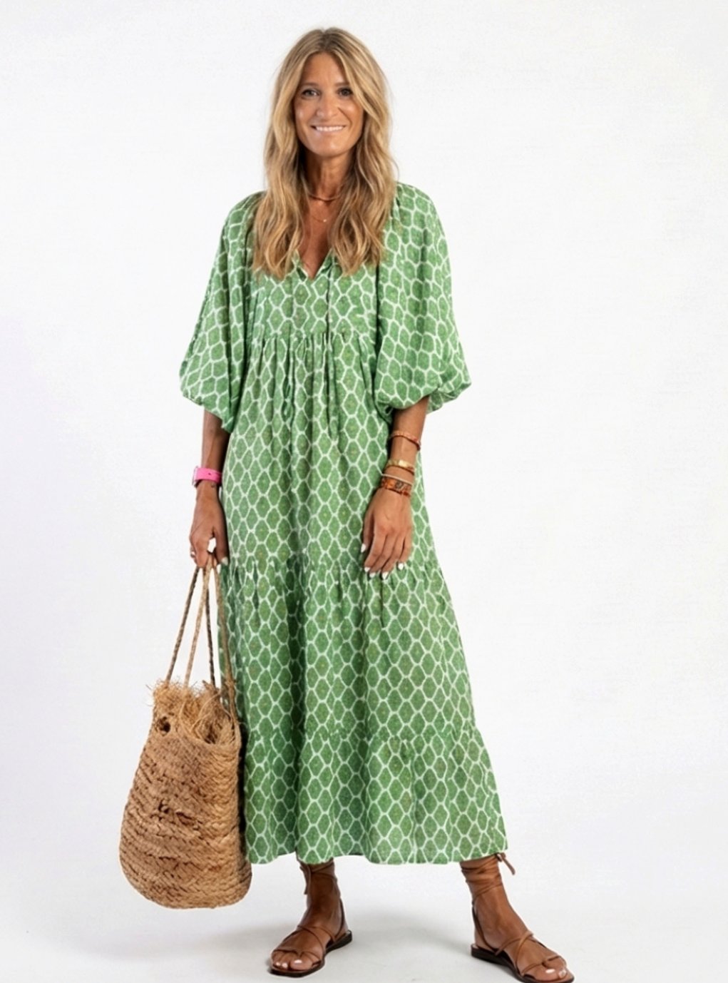 Women's Relaxed-Fit Tiered V-Neck Three-Quarter Sleeve Midi Dress - Green
