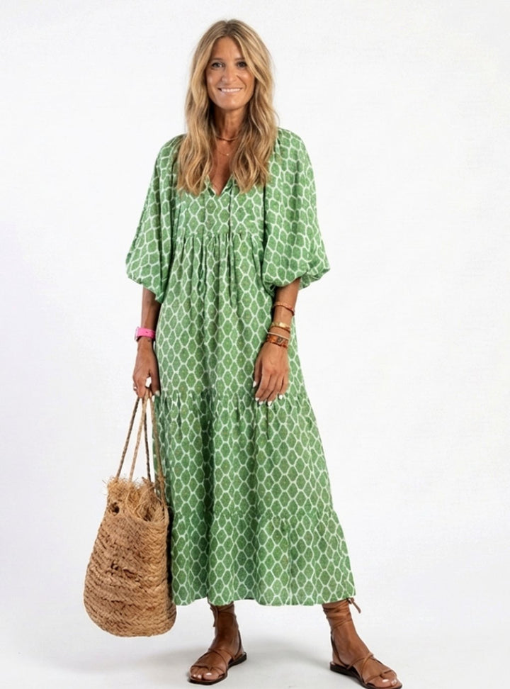 Women's Relaxed-Fit Tiered V-Neck Three-Quarter Sleeve Midi Dress - Green