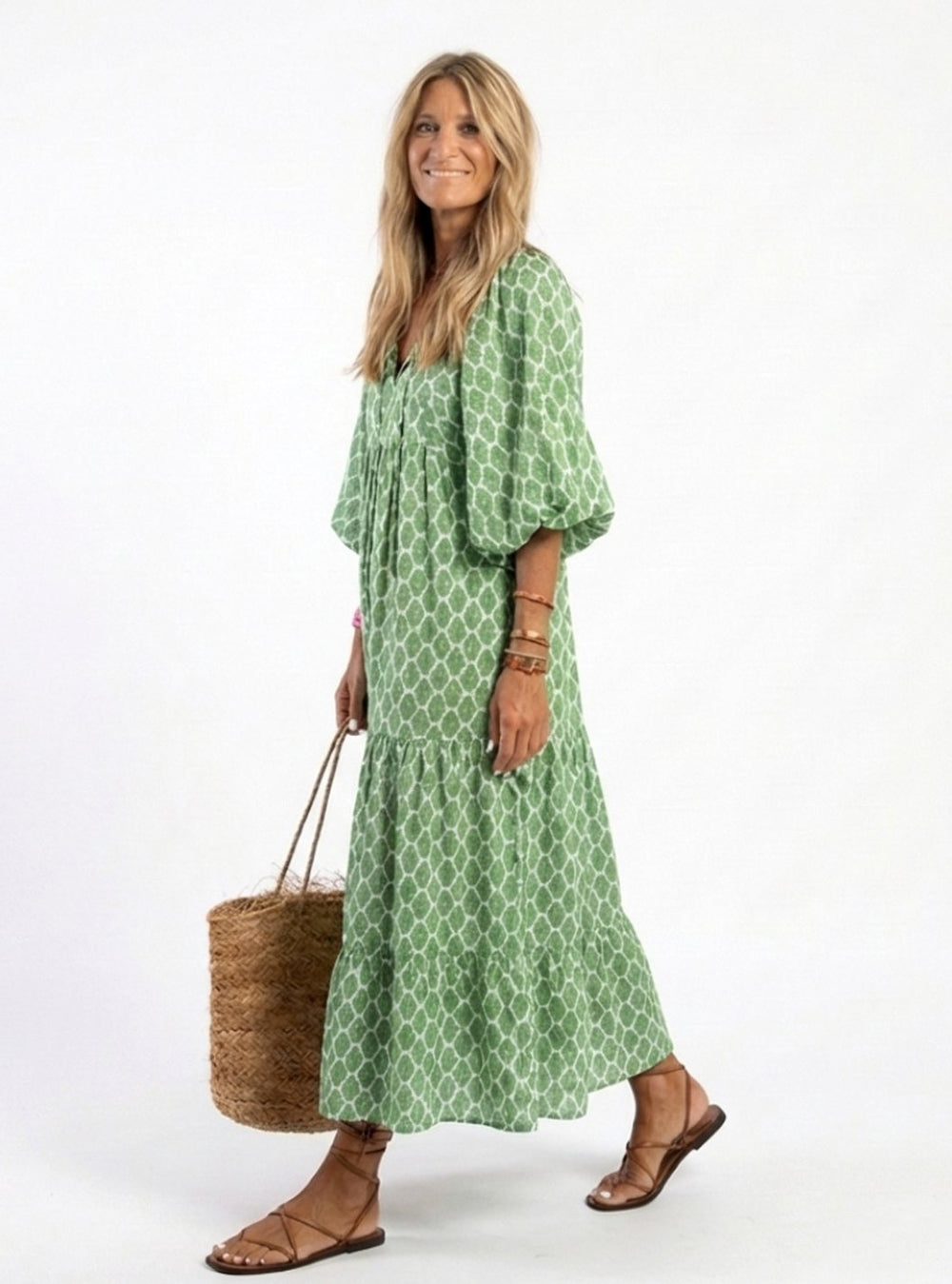 Women's Relaxed-Fit Tiered V-Neck Three-Quarter Sleeve Midi Dress