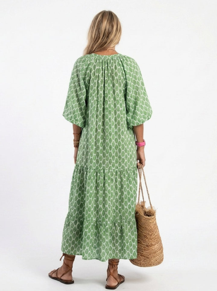 Women's Relaxed-Fit Tiered V-Neck Three-Quarter Sleeve Midi Dress