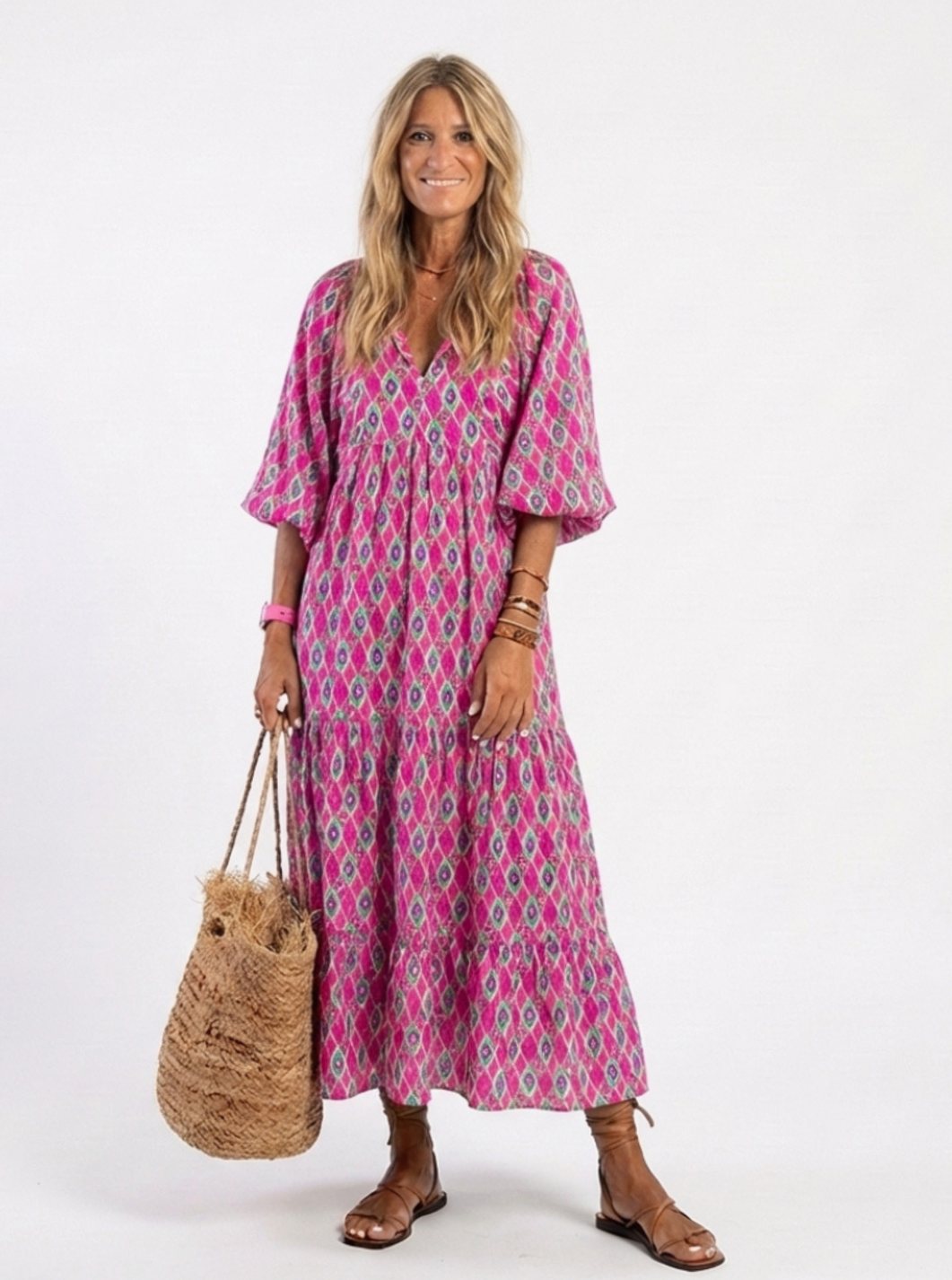 Women's Relaxed-Fit Tiered V-Neck Three-Quarter Sleeve Midi Dress - Purple