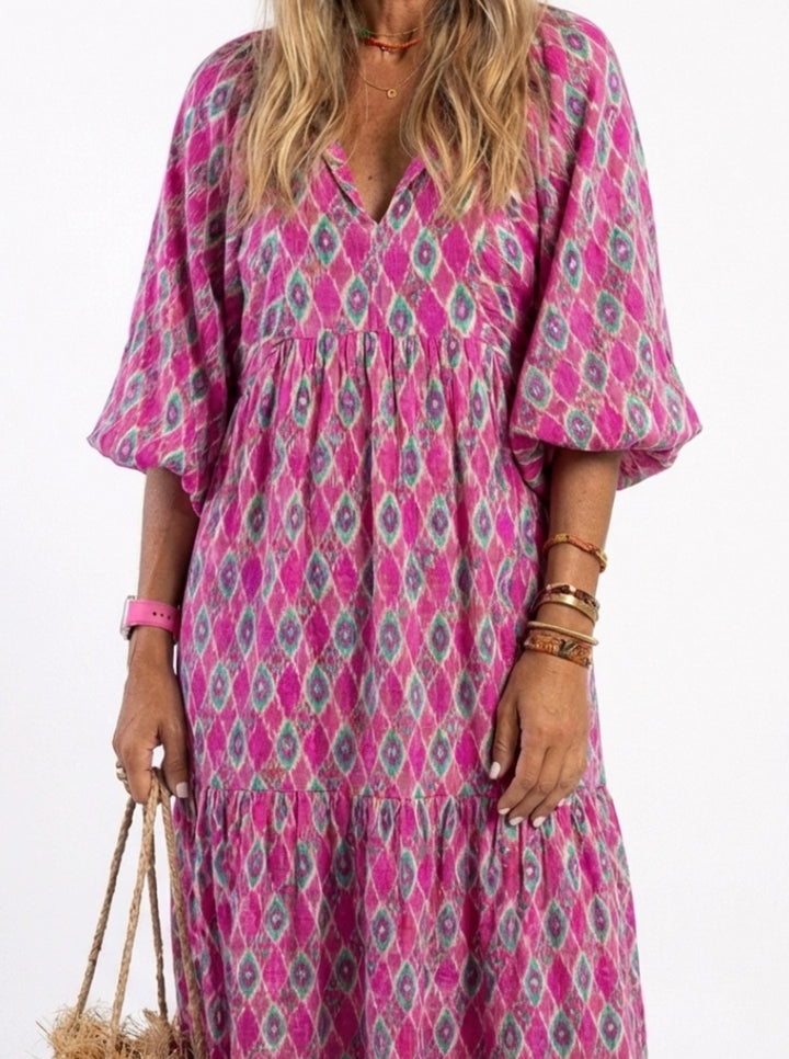 Women's Relaxed-Fit Tiered V-Neck Three-Quarter Sleeve Midi Dress