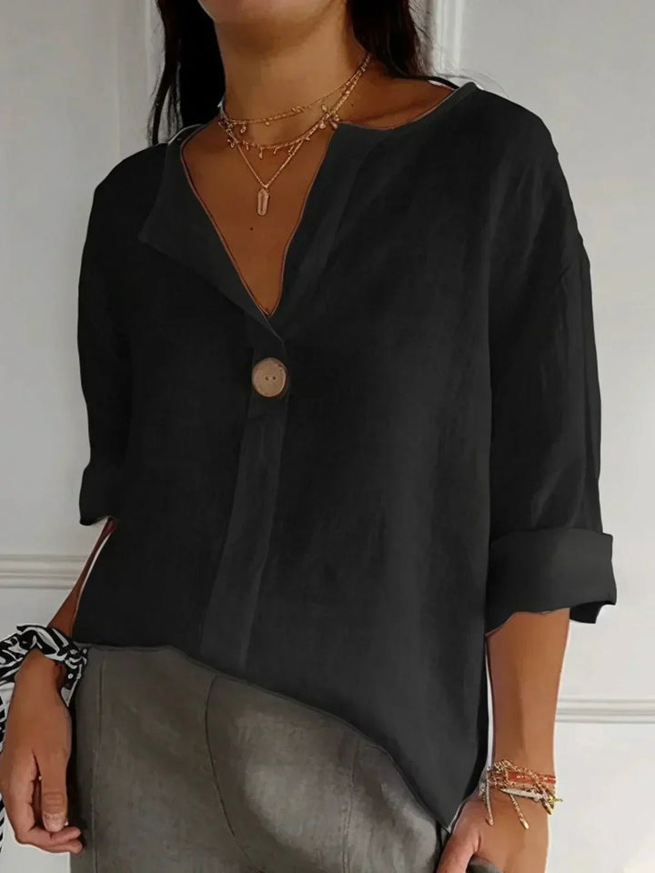 Women's Relaxed-Fit V-Neck 3/4 Sleeve Linen Blouse - Black