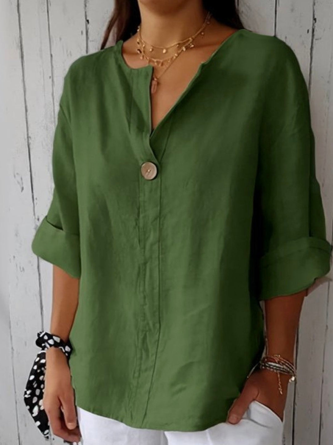 Women's Relaxed-Fit V-Neck 3/4 Sleeve Linen Blouse - Green
