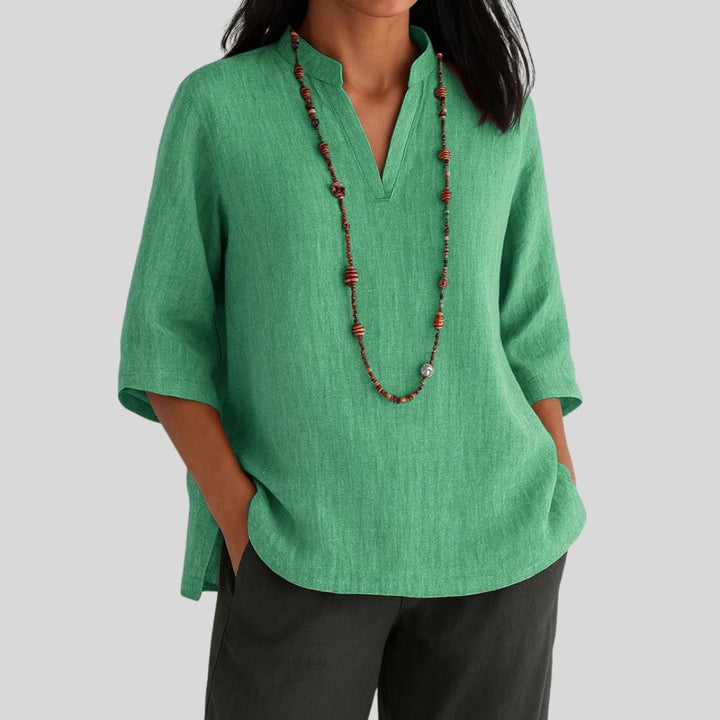 Women's Relaxed-Fit V-Neck 3/4 Sleeve Linen Tunic - Green