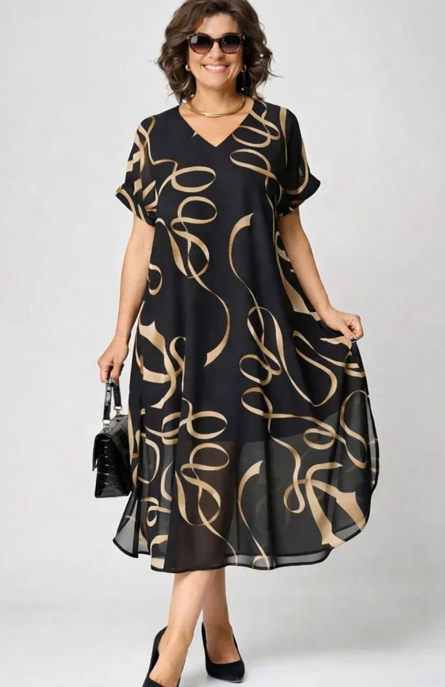 Women's Relaxed-Fit V-Neck Gold Print Midi Formal Dress