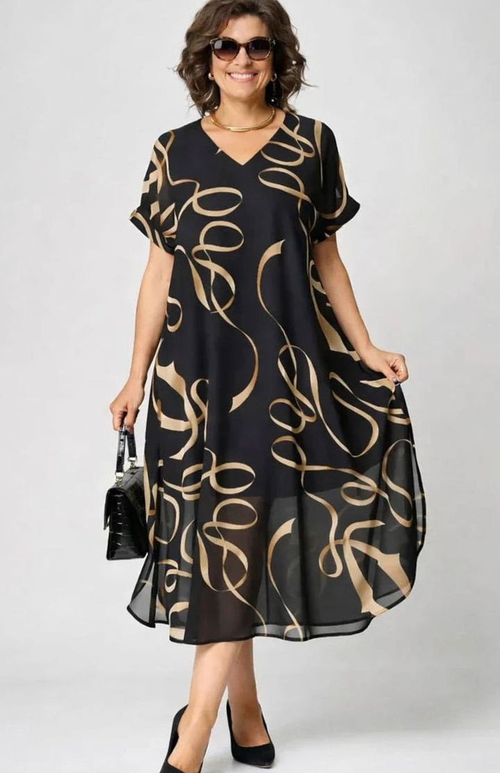 Women's Relaxed-Fit V-Neck Gold Print Midi Formal Dress