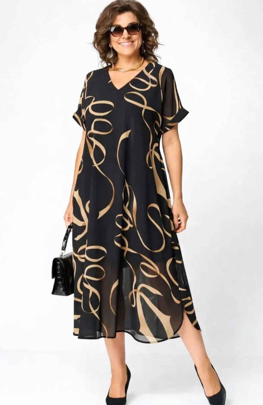Women's Relaxed-Fit V-Neck Gold Print Midi Formal Dress