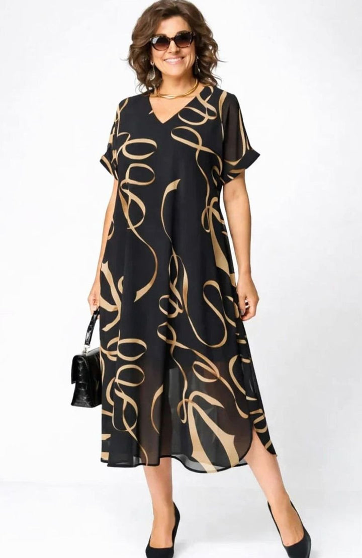 Women's Relaxed-Fit V-Neck Gold Print Midi Formal Dress