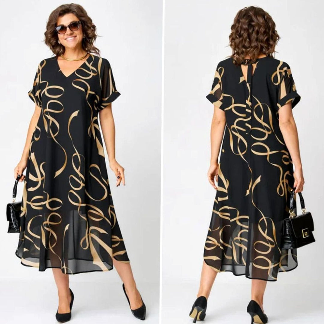 Women's Relaxed-Fit V-Neck Gold Print Midi Formal Dress