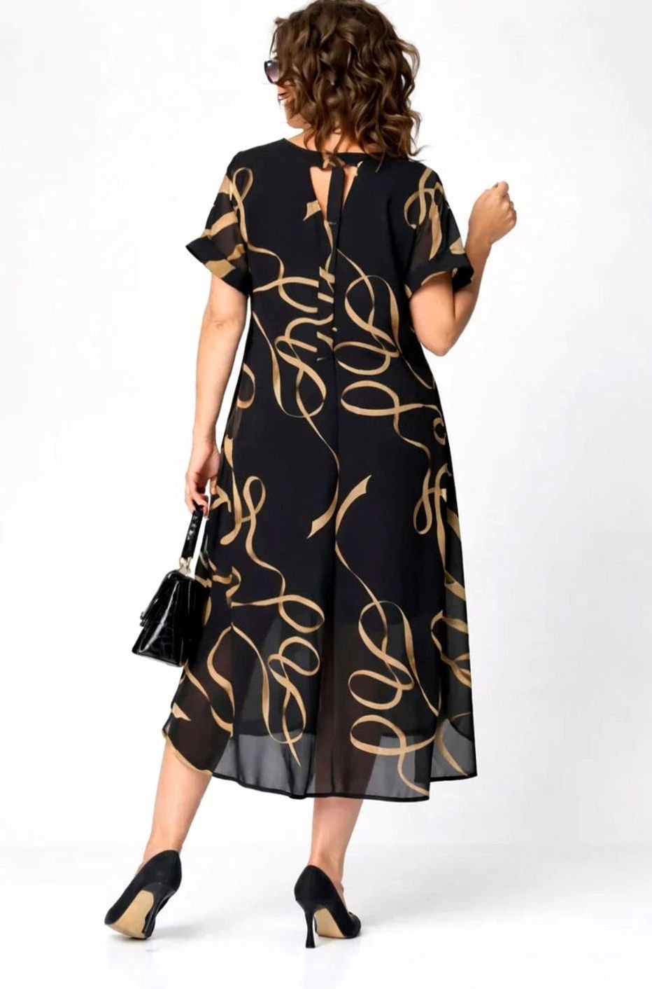 Women's Relaxed-Fit V-Neck Gold Print Midi Formal Dress
