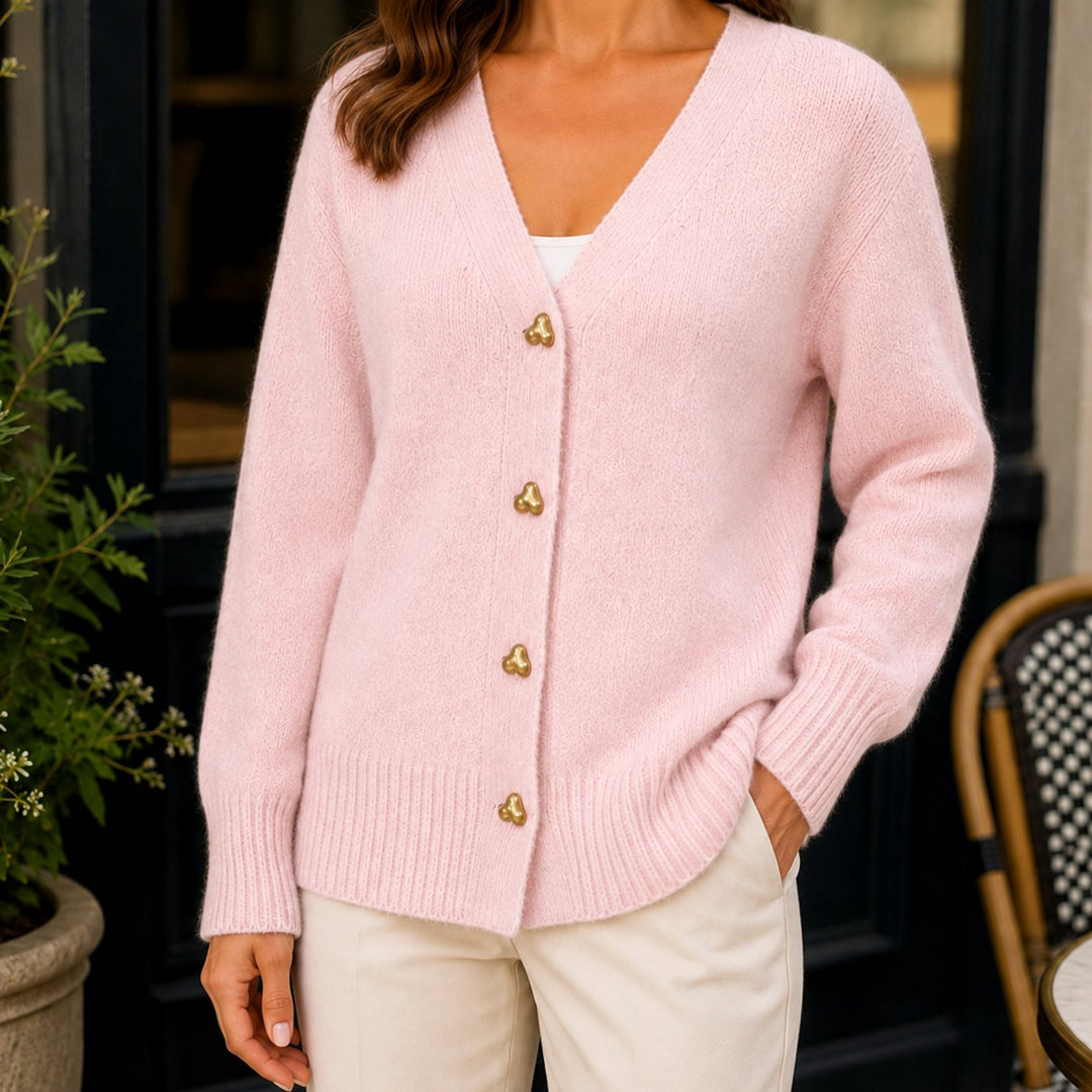 Women's Relaxed-Fit V-Neck Heart-Button Knitwear Cardigan - Pink