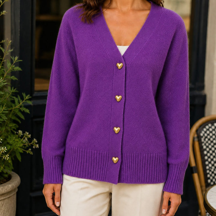 Women's Relaxed-Fit V-Neck Heart-Button Knitwear Cardigan - Purple
