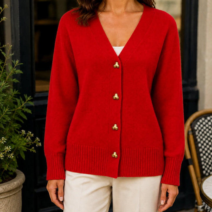 Women's Relaxed-Fit V-Neck Heart-Button Knitwear Cardigan - Red