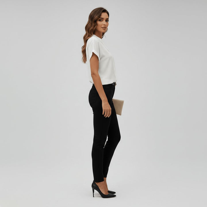 Women's Relaxed-Fit V-Neck Rolled-Cuff Short Sleeve Blouse