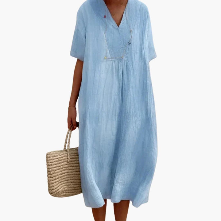 Women's Relaxed-Fit V-Neck Short-Sleeve Linen Midi Dress - Blue