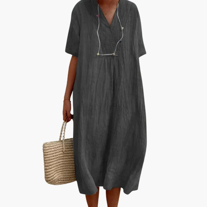 Women's Relaxed-Fit V-Neck Short-Sleeve Linen Midi Dress - Black