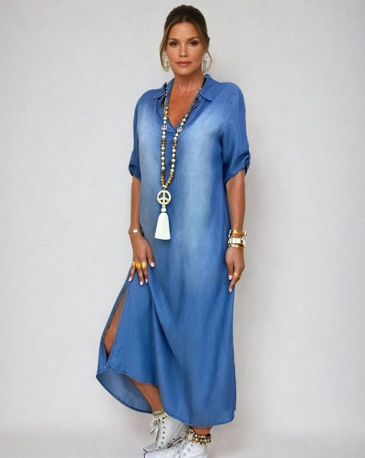 Women's Relaxed-Fit V-Neck Side-Slit Denim Maxi Shirt Dress