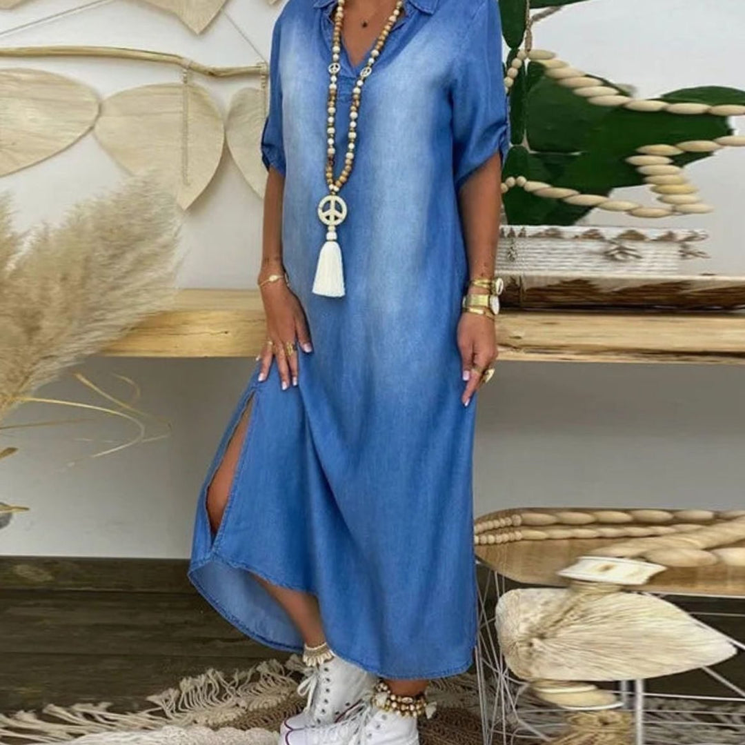 Women's Relaxed-Fit V-Neck Side-Slit Denim Maxi Shirt Dress - Blue