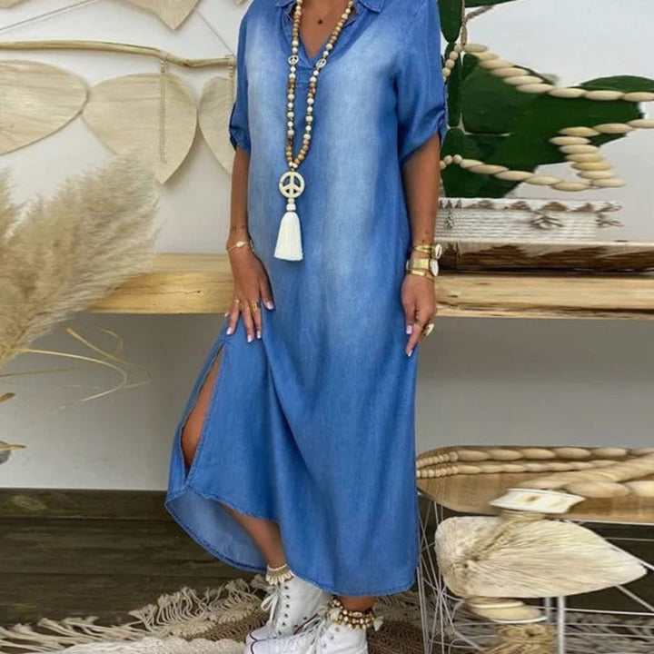 Women's Relaxed-Fit V-Neck Side-Slit Denim Maxi Shirt Dress - Blue