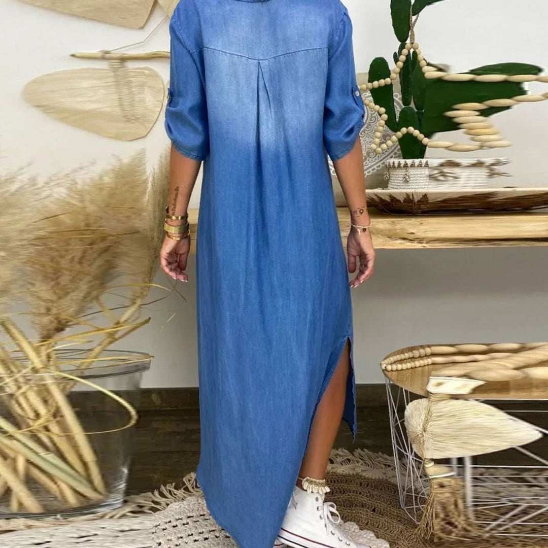 Women's Relaxed-Fit V-Neck Side-Slit Denim Maxi Shirt Dress