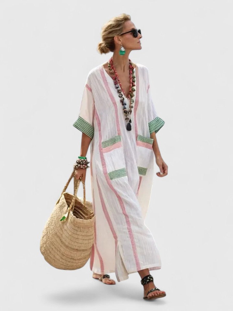 Women's Relaxed-Fit V-Neck Striped Kaftan Maxi Dress - White Light Pink