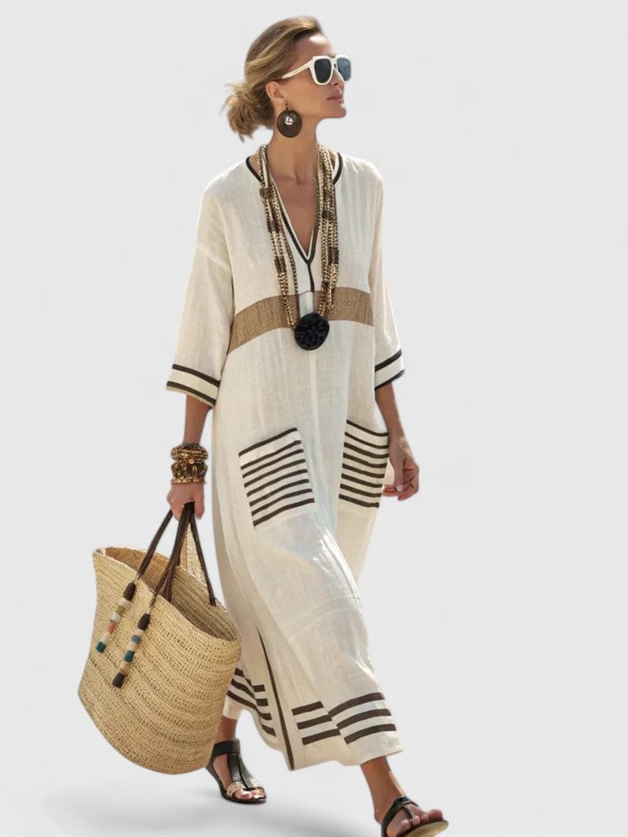 Women's Relaxed-Fit V-Neck Striped Kaftan Maxi Dress - Beige Black