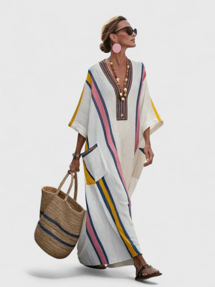 Women's Relaxed-Fit V-Neck Striped Kaftan Maxi Dress - White Pink