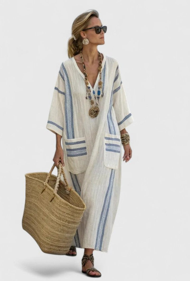Women's Relaxed-Fit V-Neck Striped Kaftan Maxi Dress - Beige Light Blue