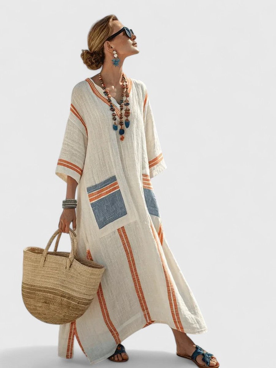 Women's Relaxed-Fit V-Neck Striped Kaftan Maxi Dress - Beige Orange