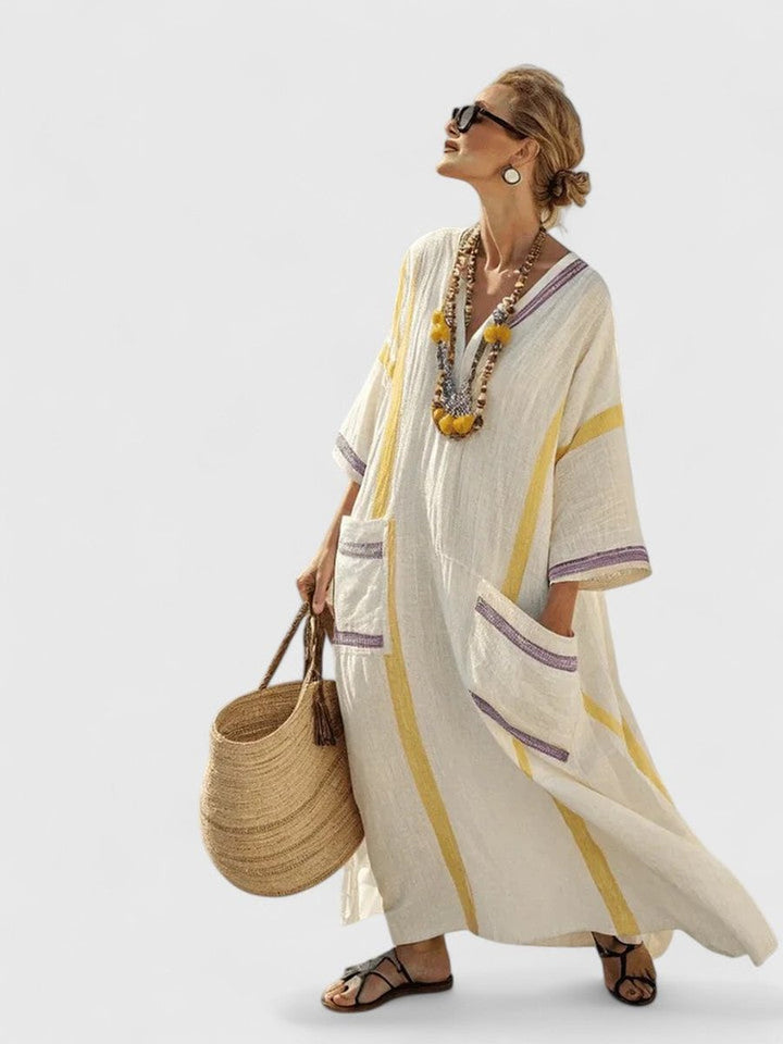 Women's Relaxed-Fit V-Neck Striped Kaftan Maxi Dress - Beige Yellow