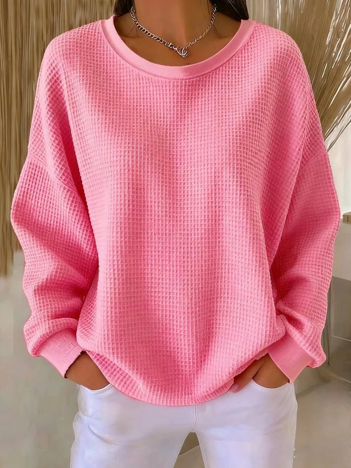 Women's Relaxed-Fit Waffle-Knit Long Sleeve Crewneck Sweater - Pink