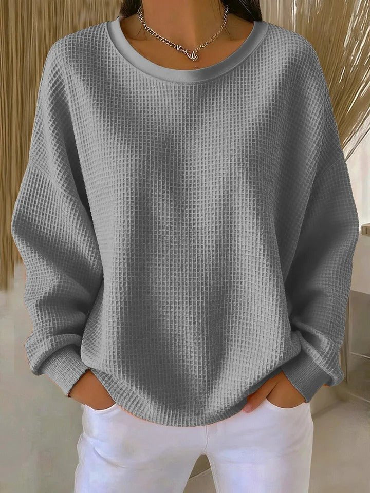 Women's Relaxed-Fit Waffle-Knit Long Sleeve Crewneck Sweater - Grey