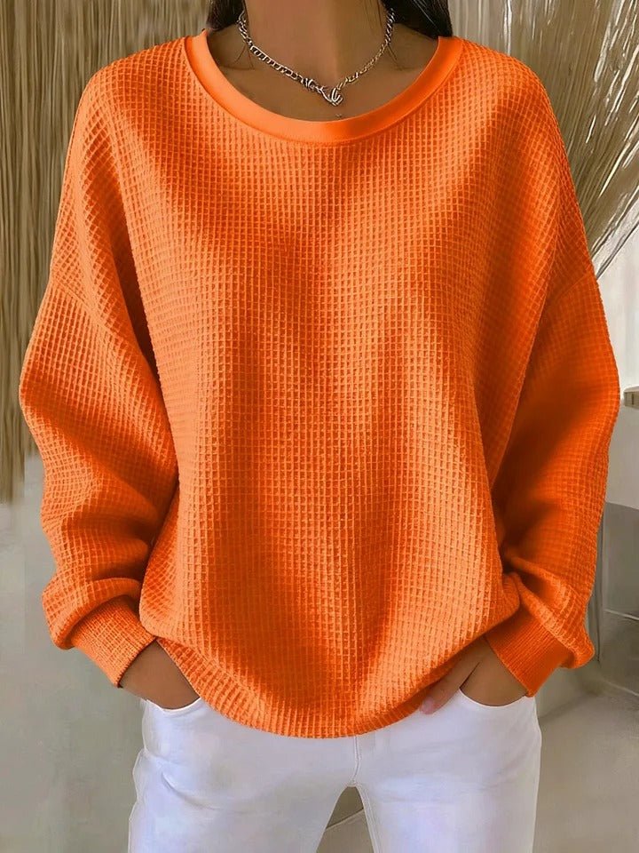 Women's Relaxed-Fit Waffle-Knit Long Sleeve Crewneck Sweater - Orange
