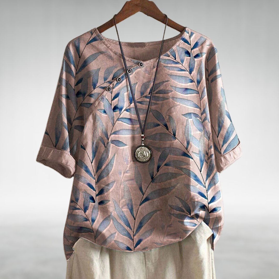 Women's Relaxed-Fit Watercolor Leaf-Print Linen-Look Short-Sleeve Top - Pink