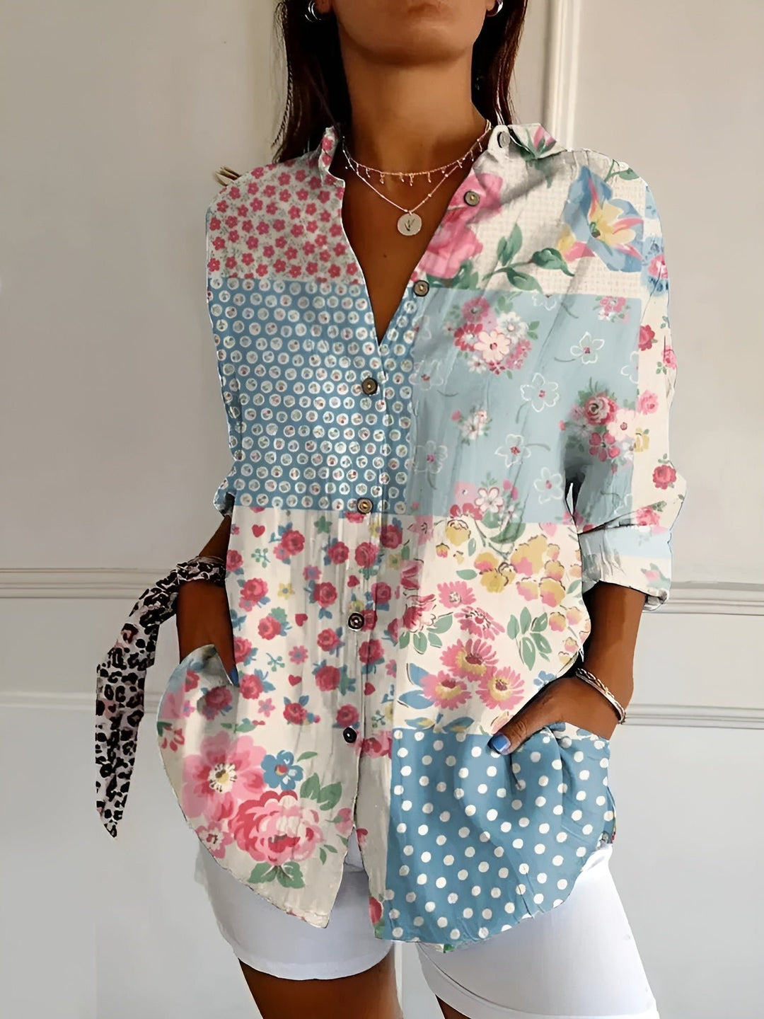Women's Relaxed Floral Button-Down Linen-Look Blouse - Blue Flower