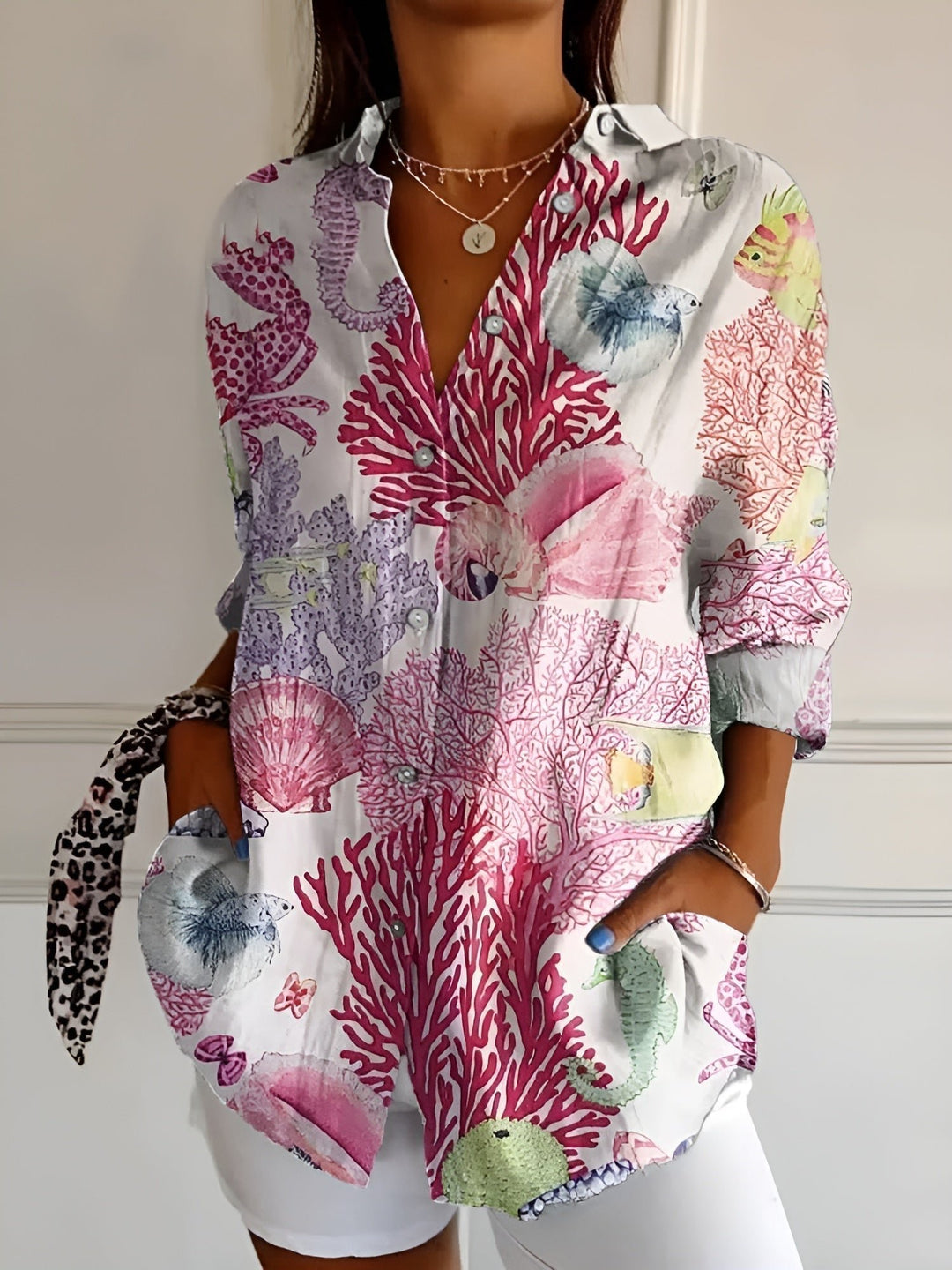 Women's Relaxed Floral Button-Down Linen-Look Blouse - Corals