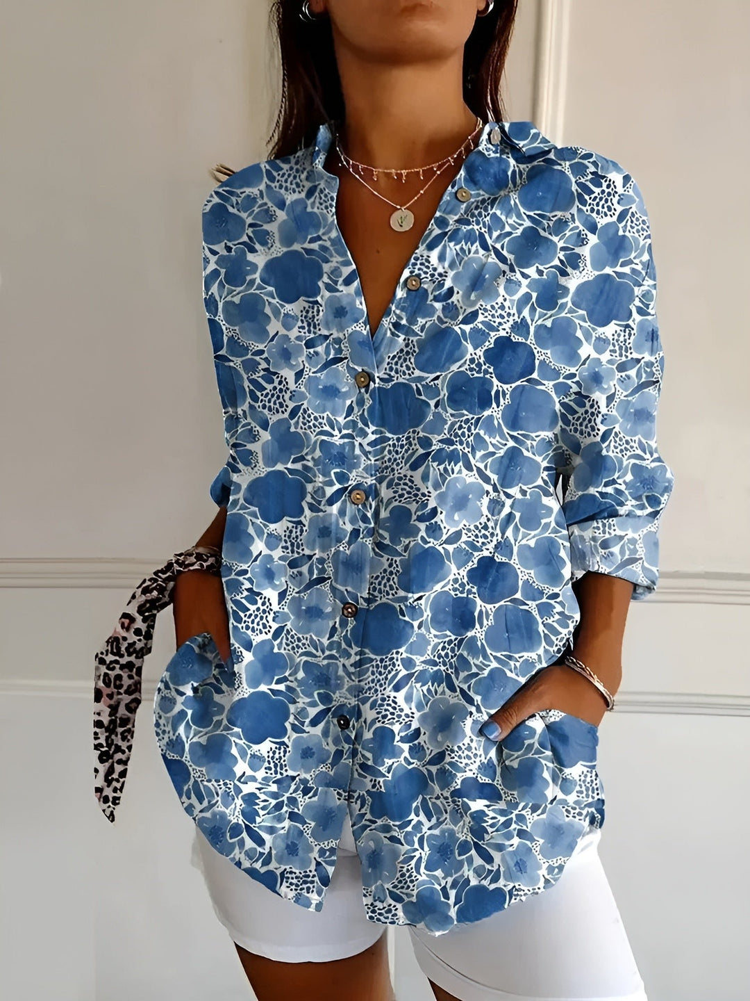 Women's Relaxed Floral Button-Down Linen-Look Blouse - Dark Blue Flower