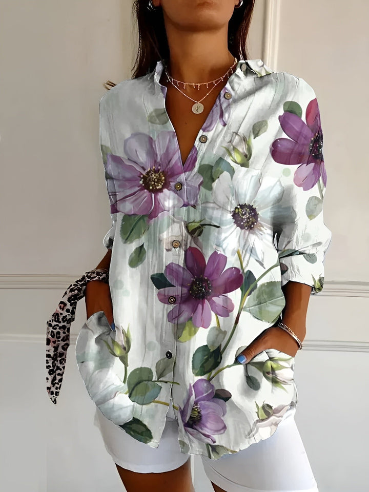 Women's Relaxed Floral Button-Down Linen-Look Blouse - Purple Flowers