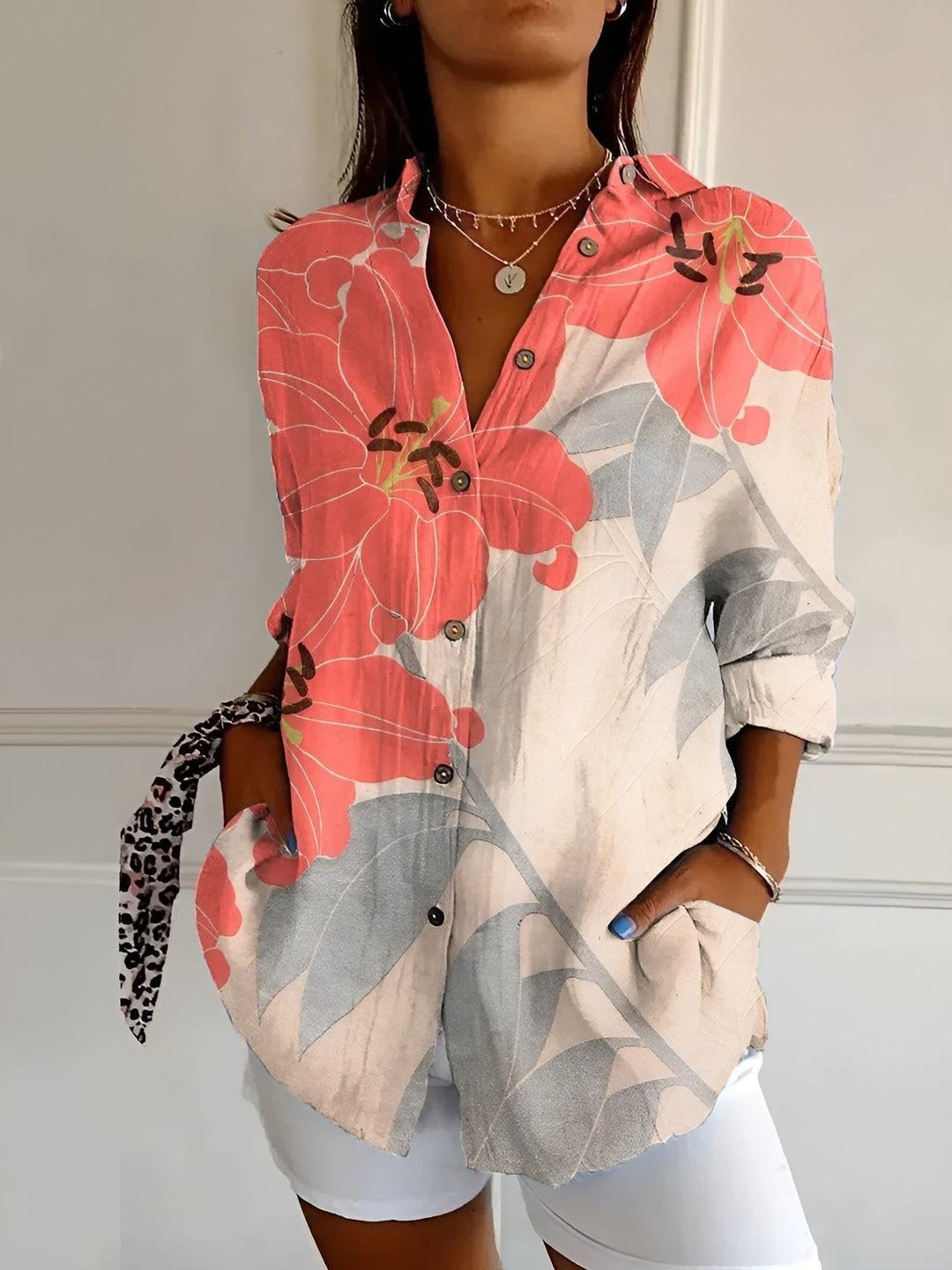 Women's Relaxed Floral Button-Down Linen-Look Blouse - Orange Flower