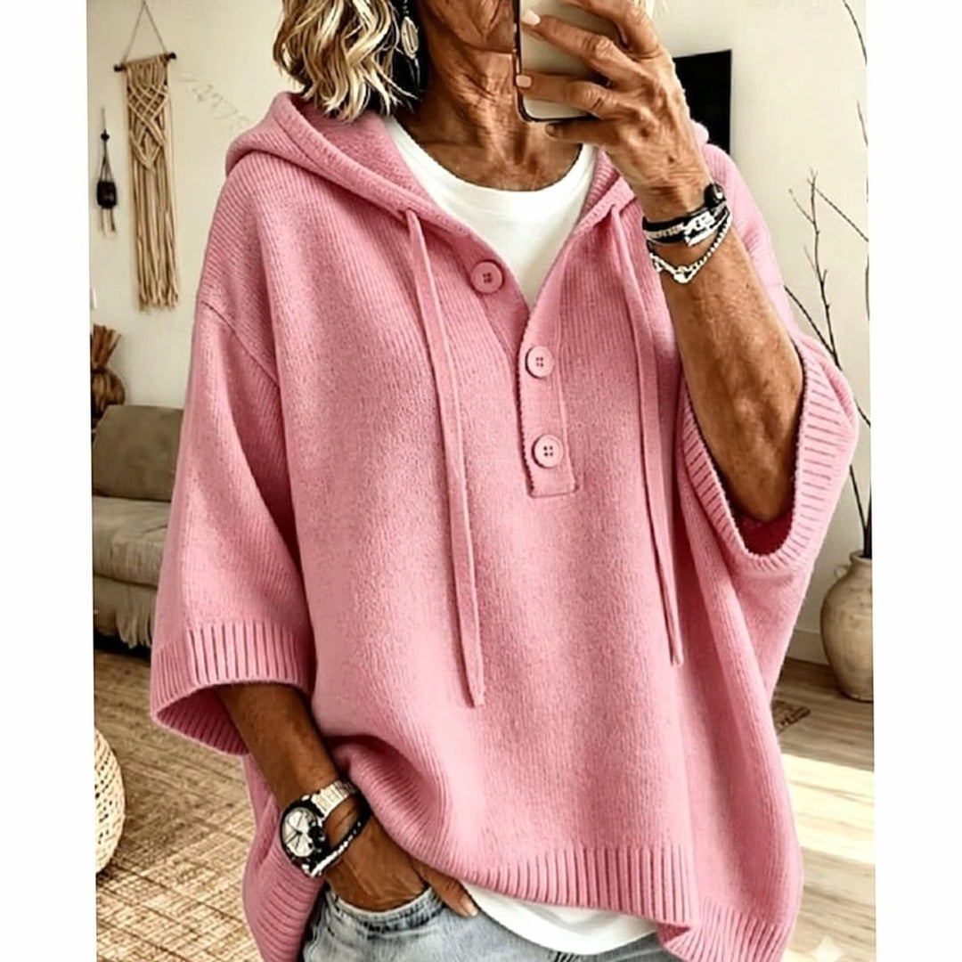 Women's Relaxed Hooded Knit Sweater Half-Button 3/4 Sleeve - Pink
