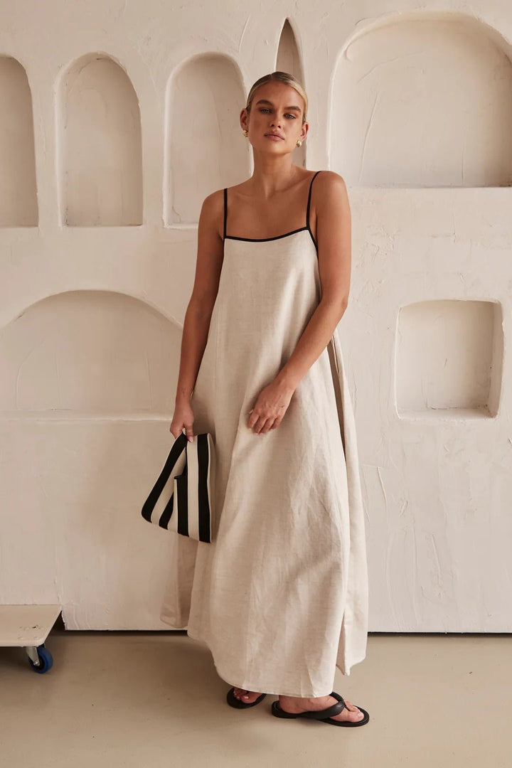 Women's Relaxed Linen-Blend Contrast-Trim Maxi Dress