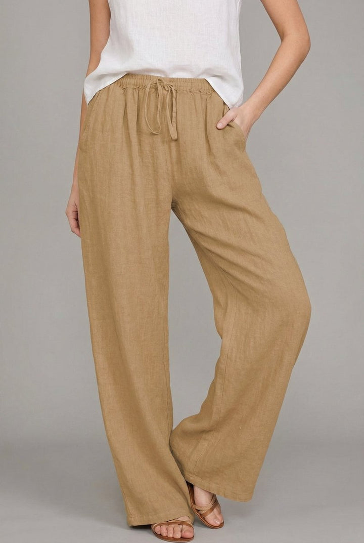 Women's Relaxed Linen Drawstring Wide Leg Pants - Khaki